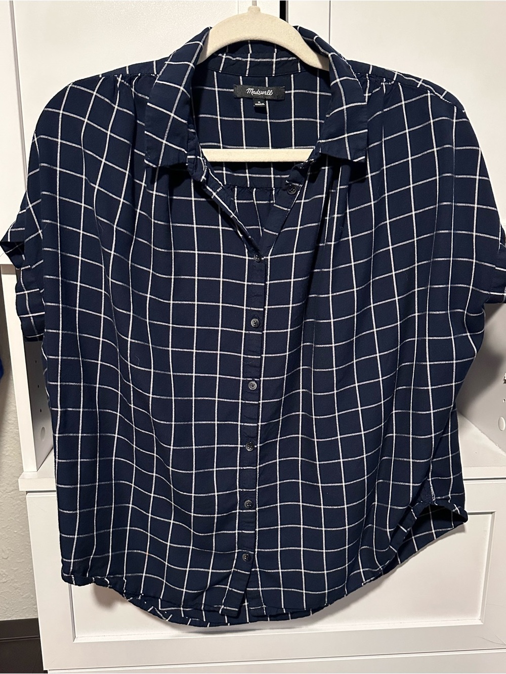Madewell Navy White Windowpane Plaid Short Sleeve Button Down Shirt Size M